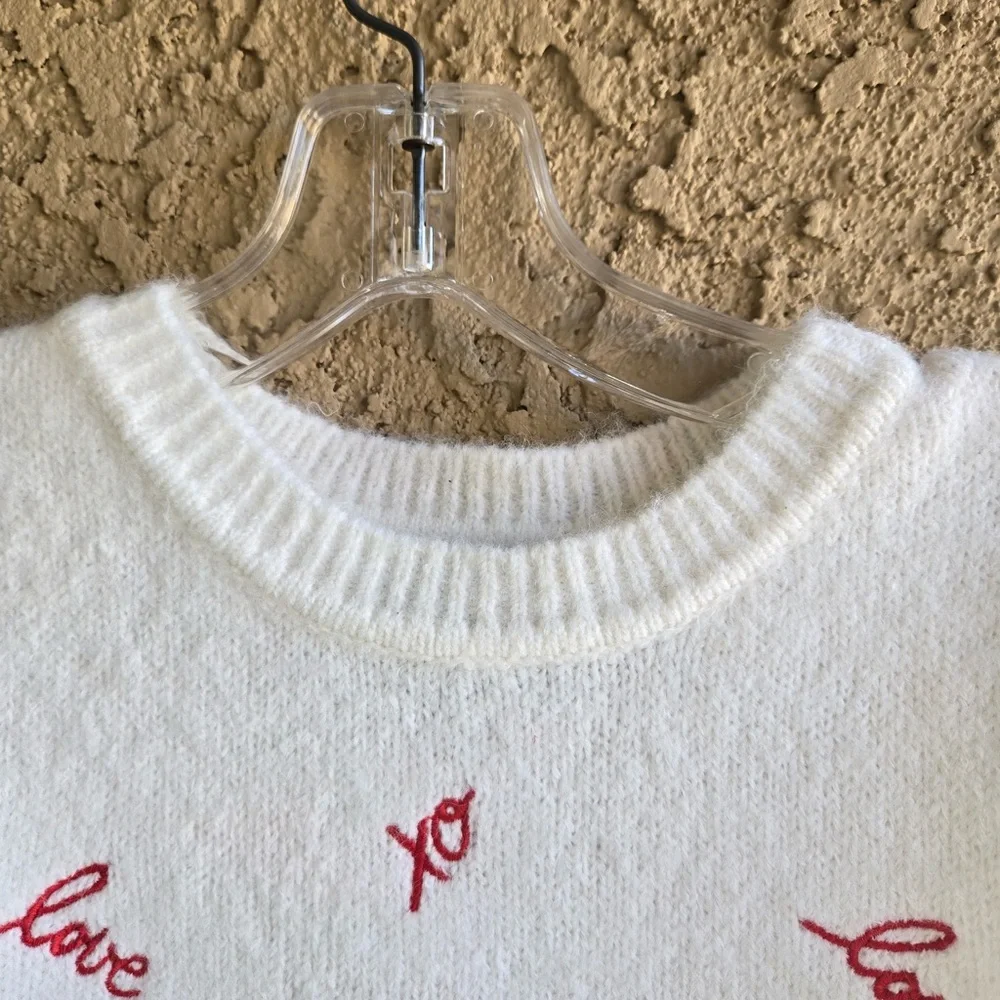 Cynthia Rowley Love Script Sweater White & Red Embroidered Puff Sleeve NWT XS - Picture 5 of 8